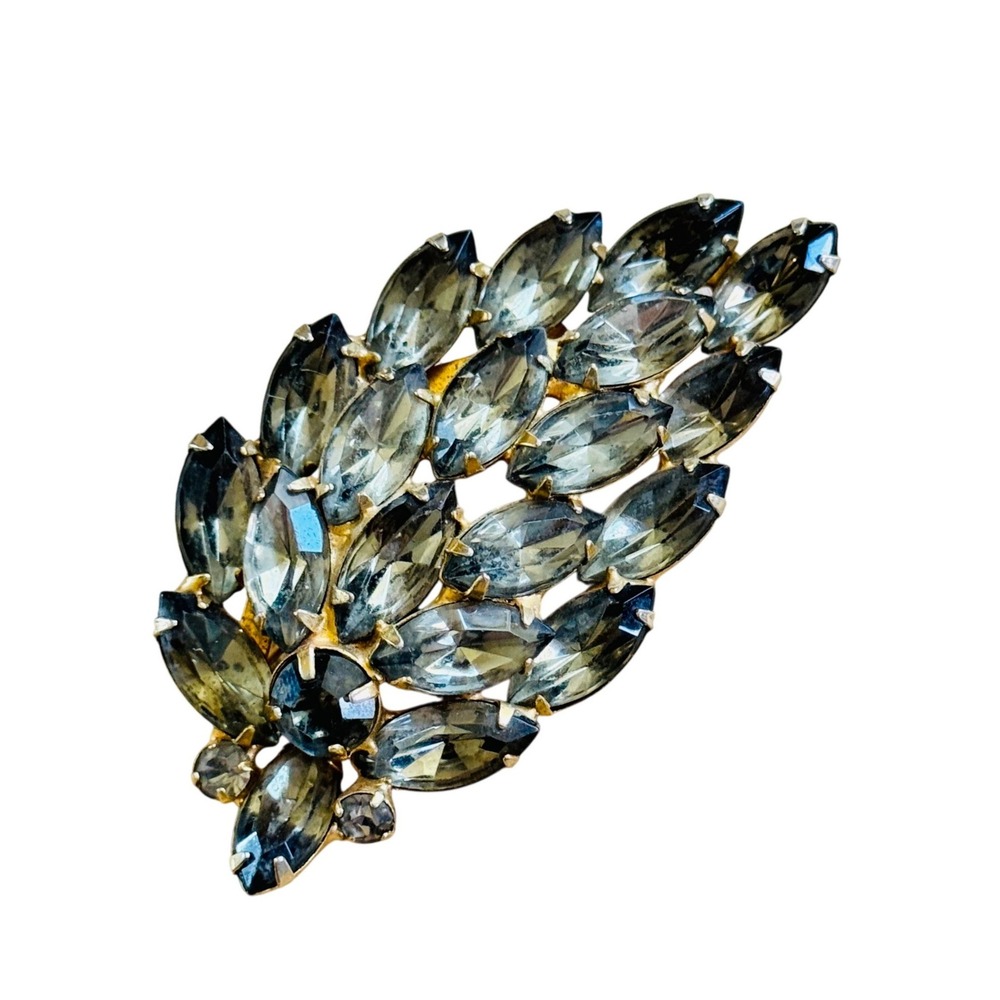 VTG‎ Leaf Jeweled Brooch Marquise Smoky Gray Crystal Rhinestone Floral 60s